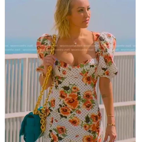 Lavish Alice White Orange Floral Polka Dot Ruched Mini Dress Puff Sleeves - Picture 3 of 16